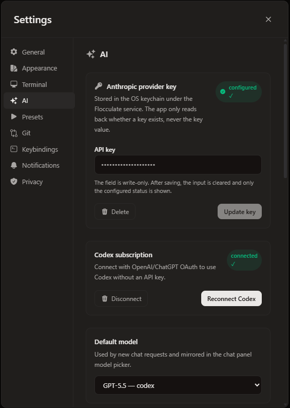 Settings — AI panel