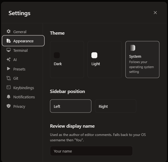 Settings — Appearance panel