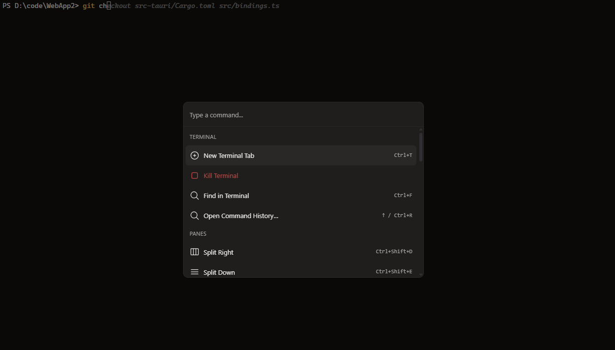 Command palette open over the workspace with a search query and grouped results