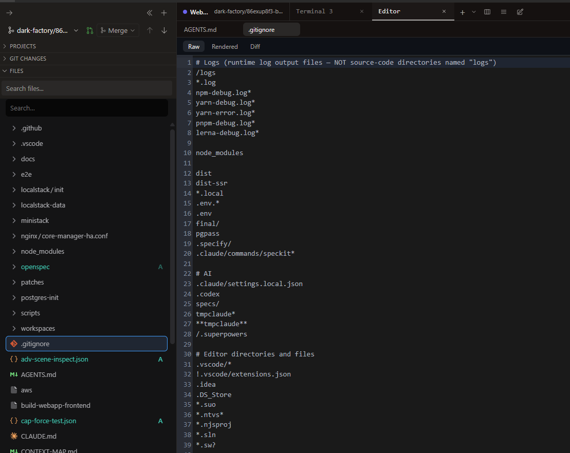 Editor pane open beside the file tree with git-colored entries
