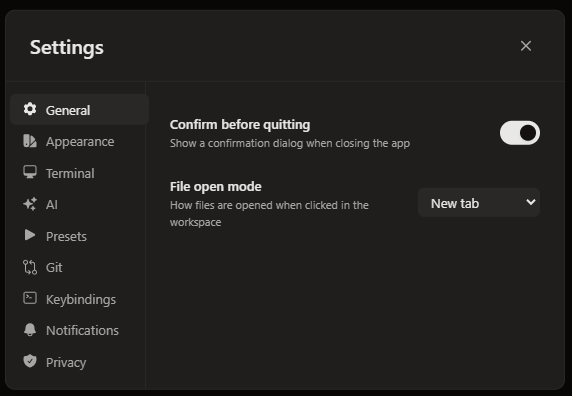 Settings — General panel