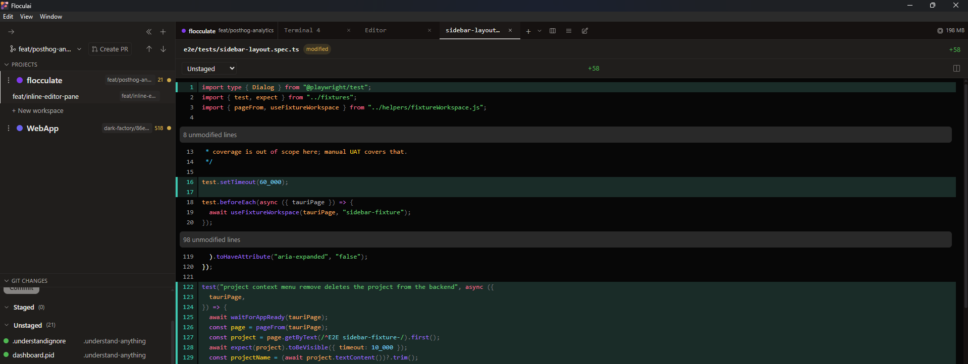 Floculai git workflow: branch and PR toolbar, the Git Changes list, and an inline diff of the selected file