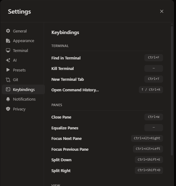 Settings — Keybindings panel