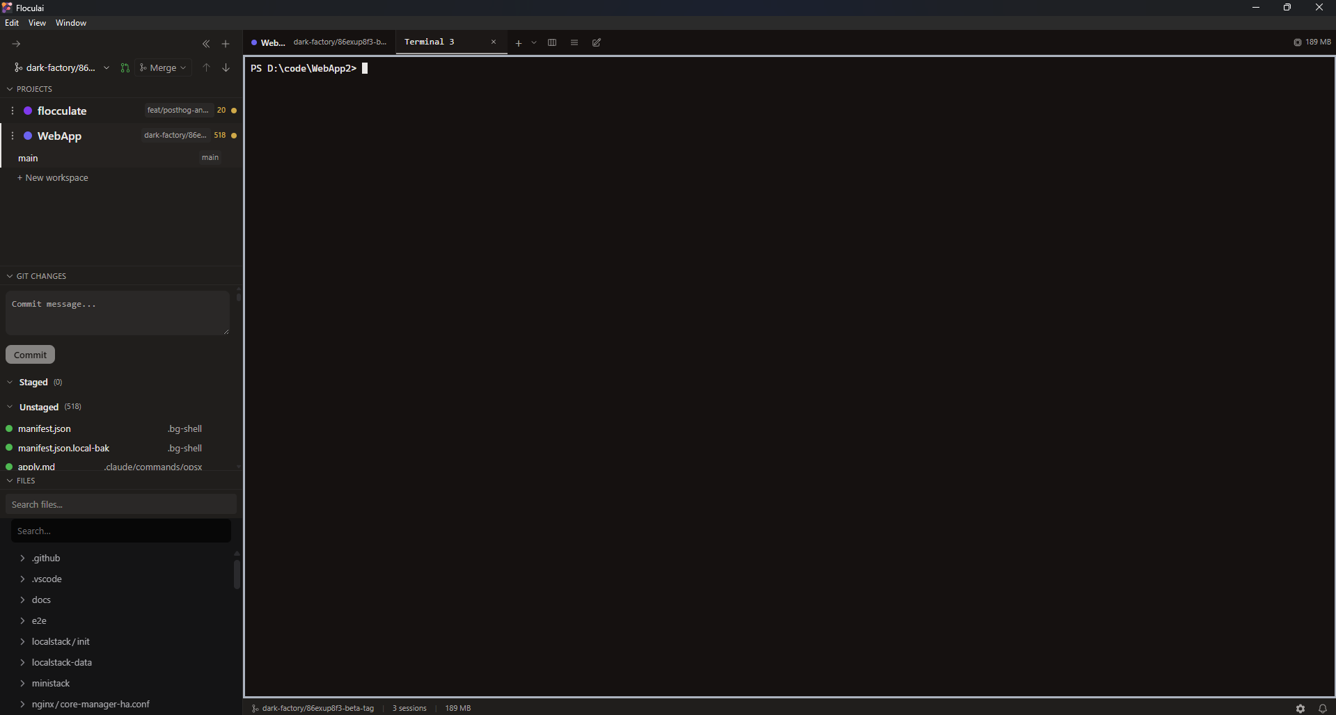 Floculai main window with an active terminal session