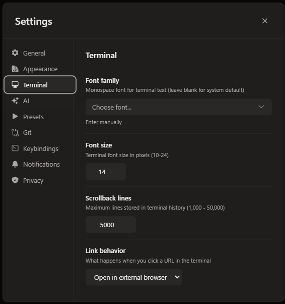 Settings — Terminal panel